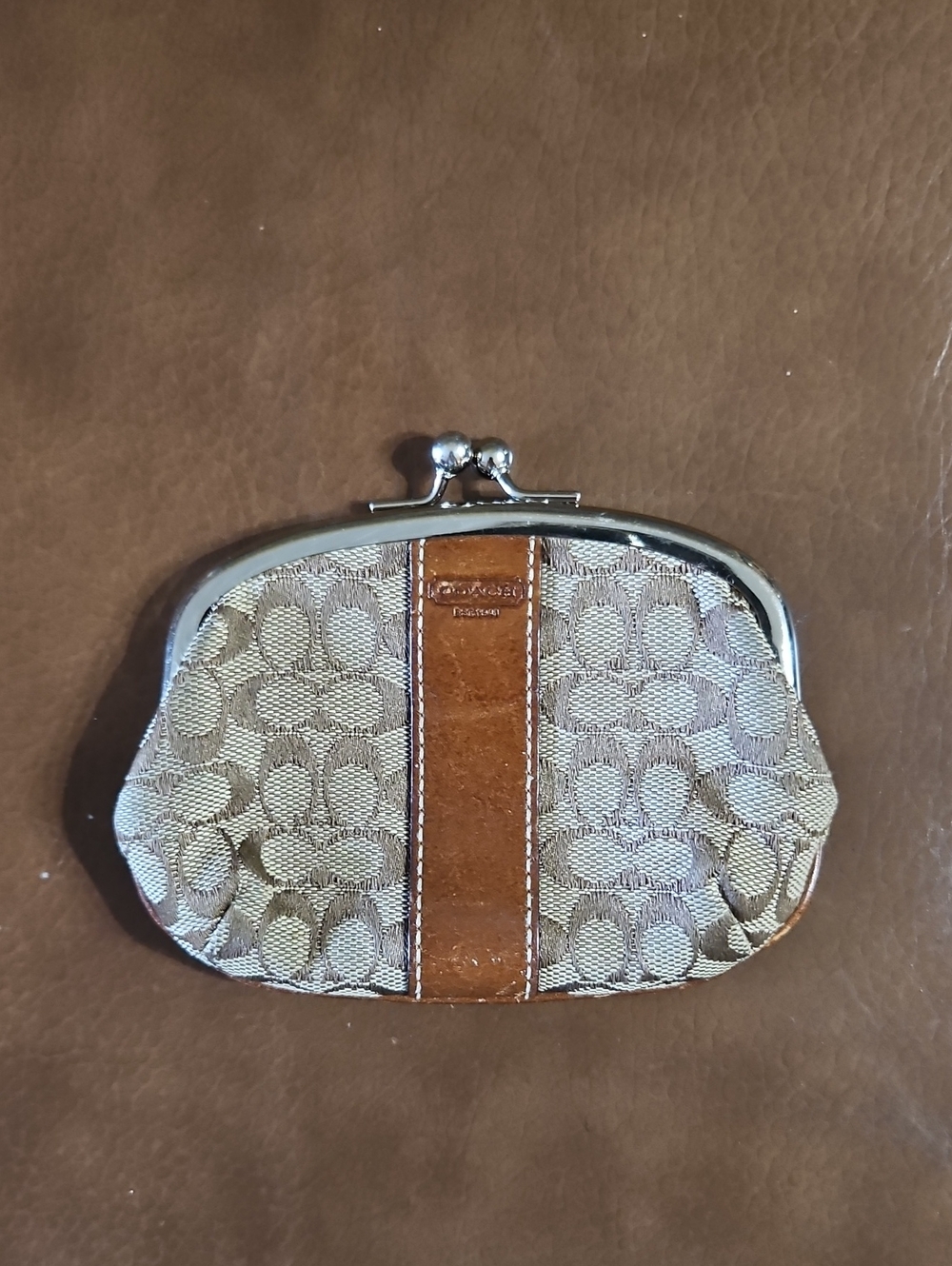 Vintage Coach Signature Jacquard Kisslock Coin Purse Bag Y2K Brown Tan